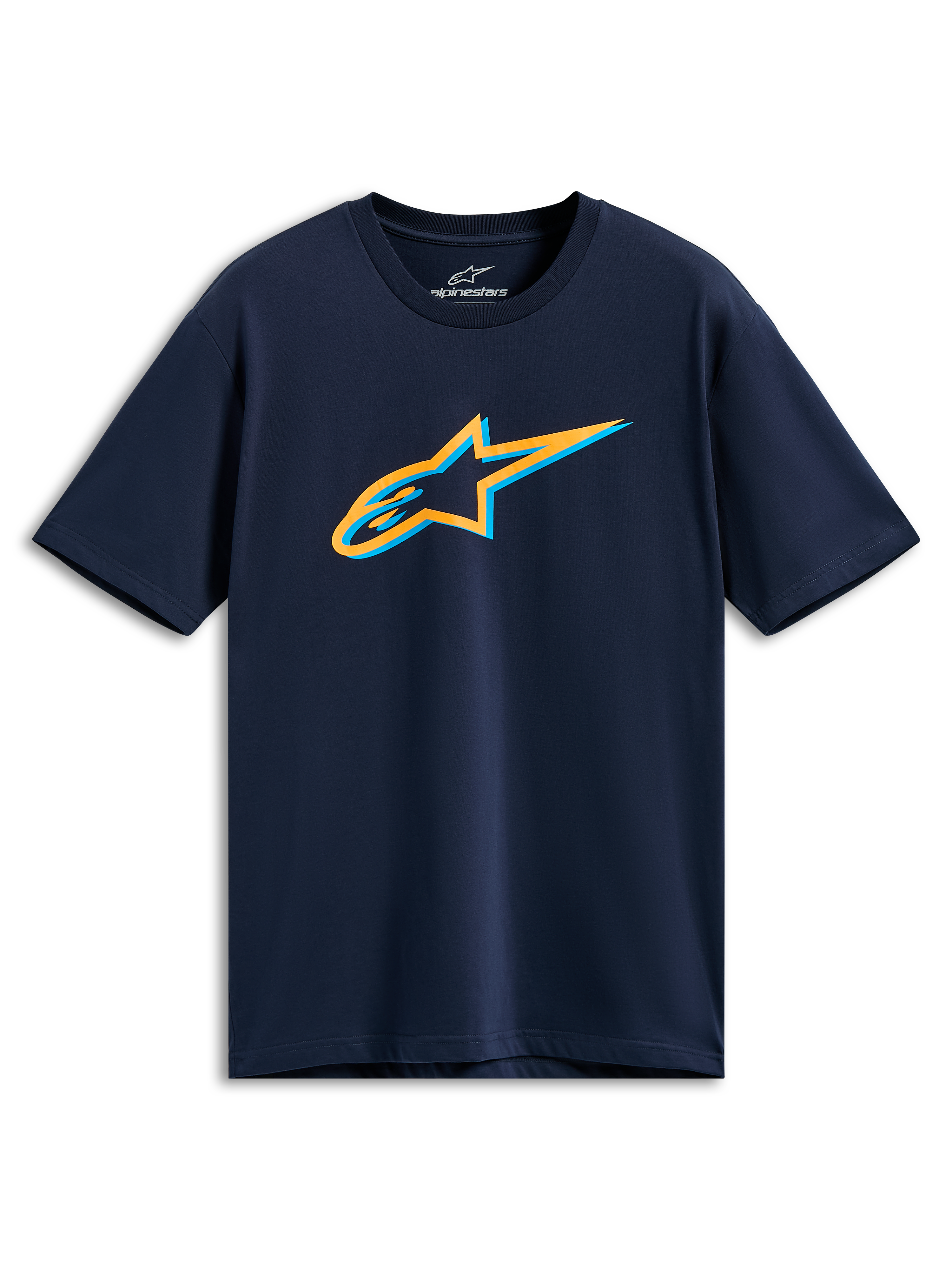Alpinestars Ageless Shadow CSF Tee, Kurzarm-T-Shirt, Marineblau, orangefarbenes und hellblaues Ageless Shadow Logo auf der Brust, lässige Sportbekleidung