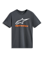 Alpinestars Always 2.0 CSF Tee, kurzärmeliges T-Shirt, Anthrazit, großes weißes Alpinestars-Logo mit orangem Markennamen, lässige Motorsport-Streetwear