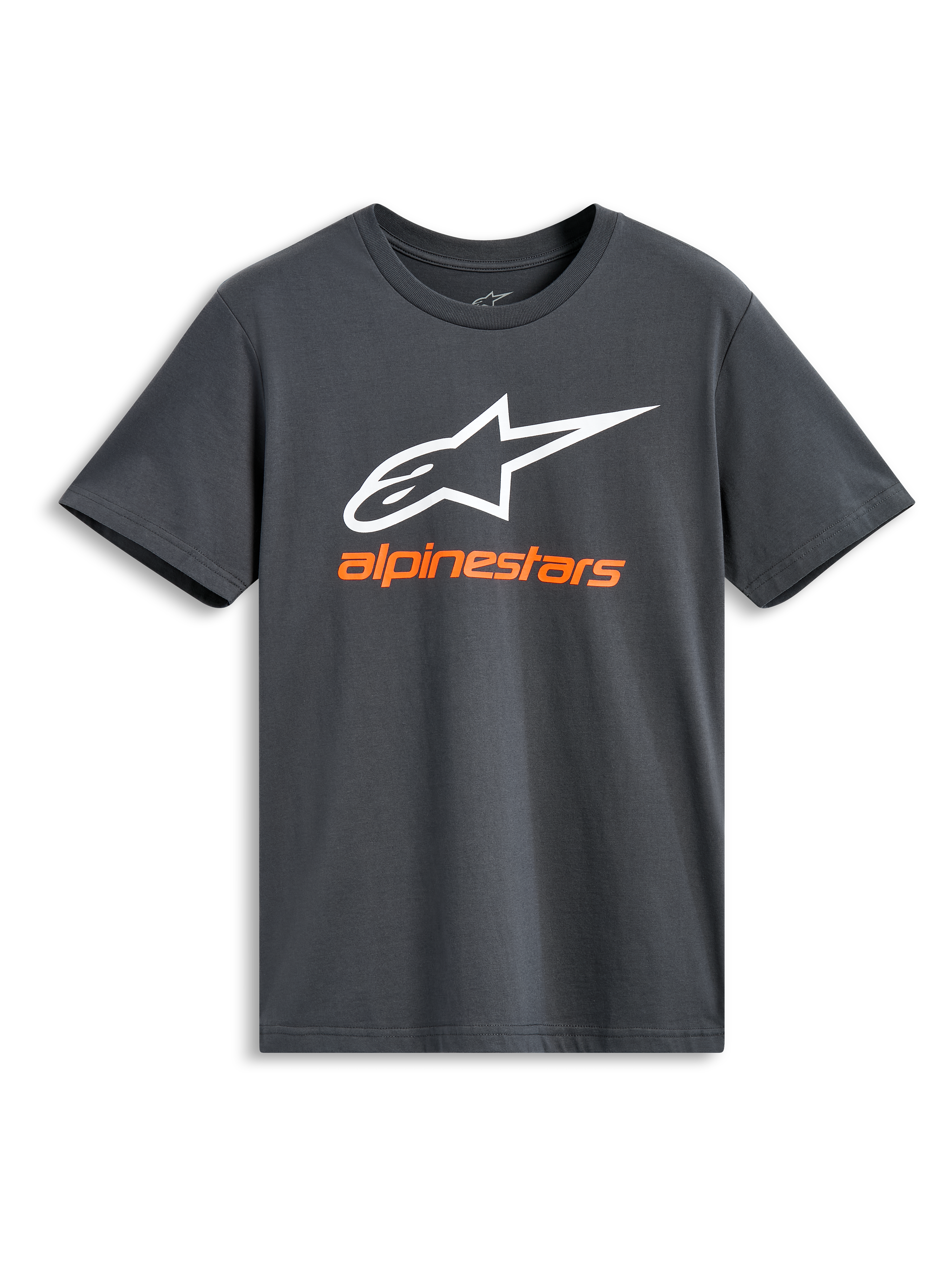 Alpinestars Always 2.0 CSF Tee, kurzärmeliges T-Shirt, Anthrazit, großes weißes Alpinestars-Logo mit orangem Markennamen, lässige Motorsport-Streetwear