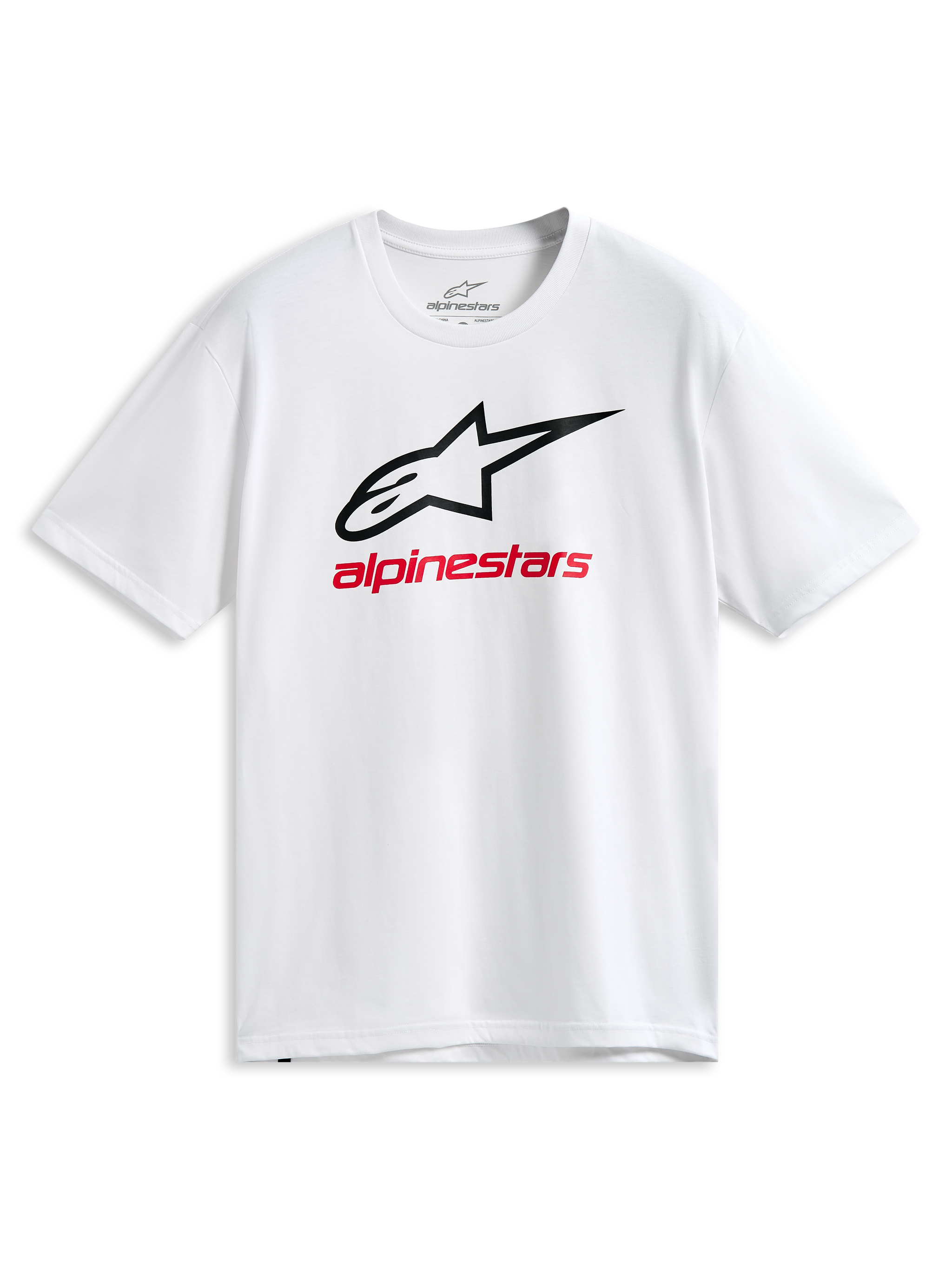 Alpinestars Always 2.0 CSF Tee, Kurzarm-T-Shirt, Weiß mit schwarz umrandetem Astars-Logo und roter Alpinestars-Grafik, lässige Motorsport-Sportbekleidung