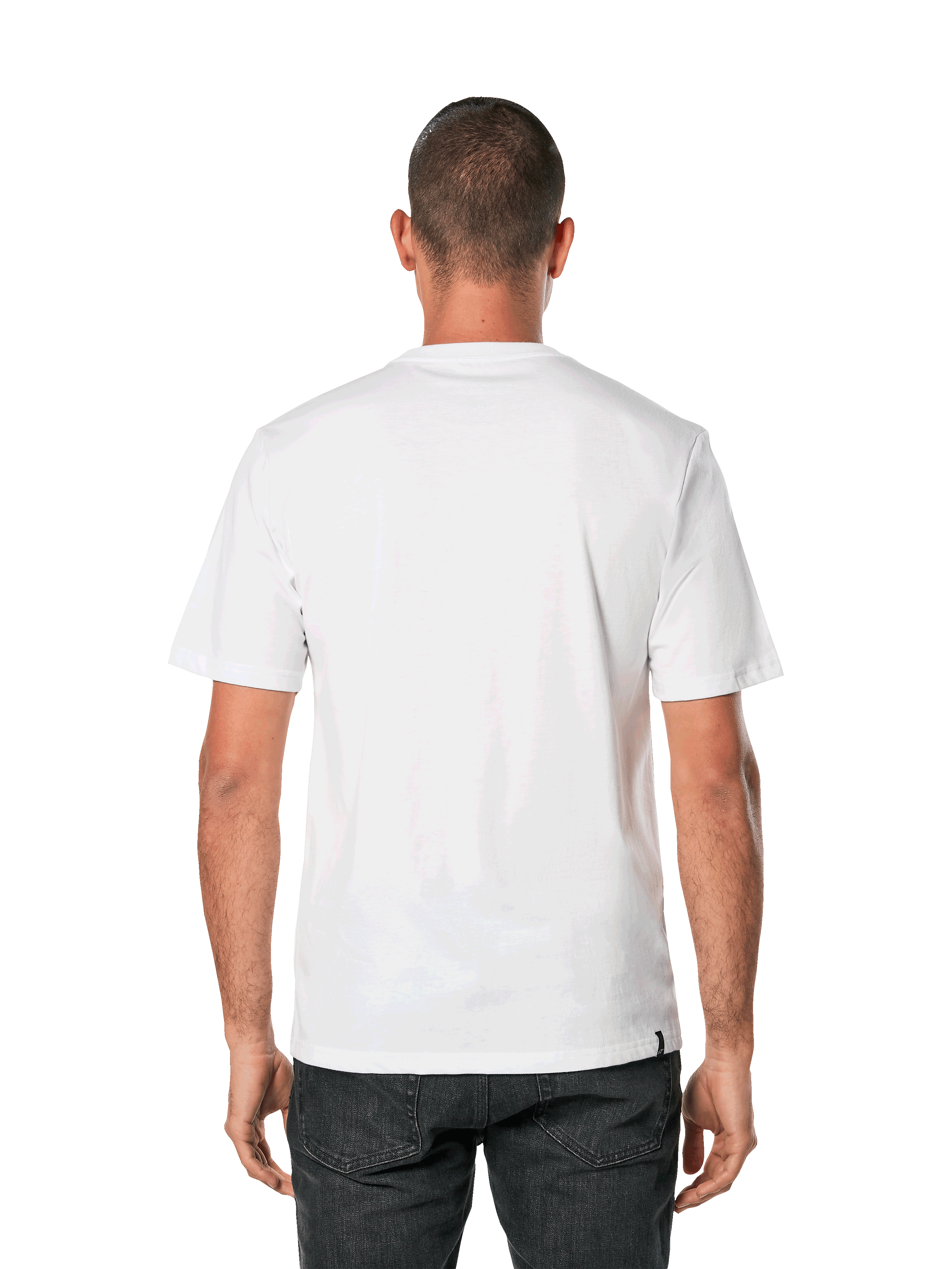 Alpinestars Blaze 2.0 CSF Tee, kurzärmeliges T-Shirt, Weiß Navy Blau, Rückansicht eines Mannes, der ein schlichtes weißes T-Shirt und eine schwarze Hose trägt, legere Motorsport-Streetwear