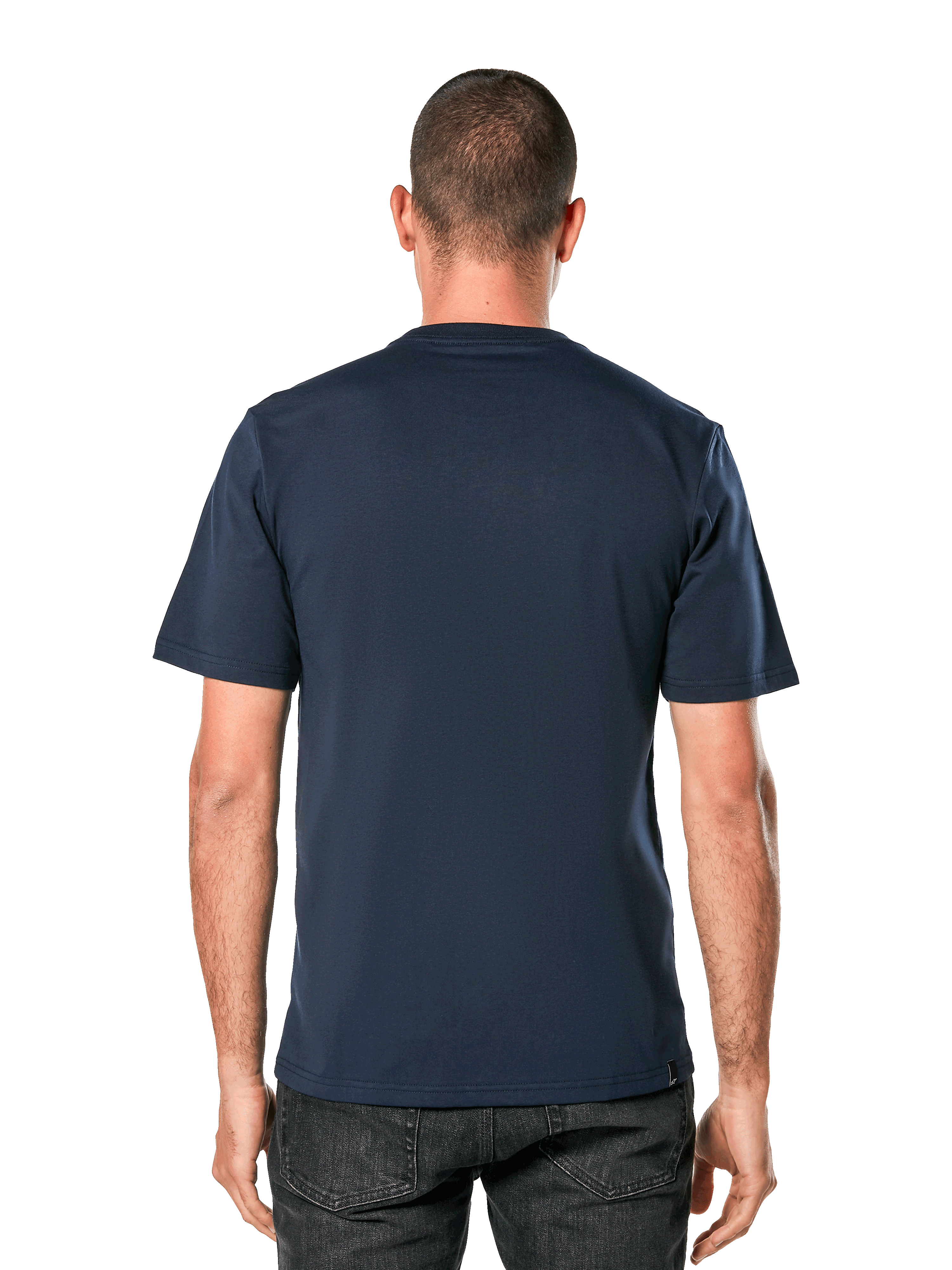 Alpinestars Blaze 2.0 CSF Tee, Kurzarm-T-Shirt, Navyblau, Rückansicht am Modell, lässige, vom Motorsport inspirierte Streetwear
