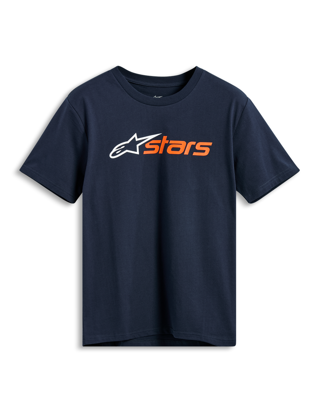 Alpinestars Blaze 2.0 CSF Tee, kurzärmeliges T-Shirt, Navyblau, weißes Alpinestars-Logo und orangefarbene „stars“-Grafik auf der Brust, lässige Motorsport-Sportbekleidung