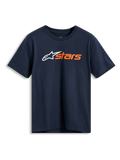 Alpinestars Blaze 2.0 CSF Tee, kurzärmeliges T-Shirt, Navyblau, weißes Alpinestars-Logo und orangefarbene „stars“-Grafik auf der Brust, lässige Motorsport-Sportbekleidung