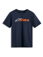 Alpinestars Blaze 2.0 CSF Tee, kurzärmeliges T-Shirt, Navyblau, weißes Alpinestars-Logo und orangefarbene „stars“-Grafik auf der Brust, lässige Motorsport-Sportbekleidung