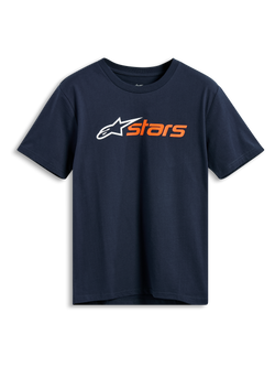 Alpinestars Blaze 2.0 CSF Tee, kurzärmeliges T-Shirt, Navyblau, weißes Alpinestars-Logo und orangefarbene „stars“-Grafik auf der Brust, lässige Motorsport-Sportbekleidung