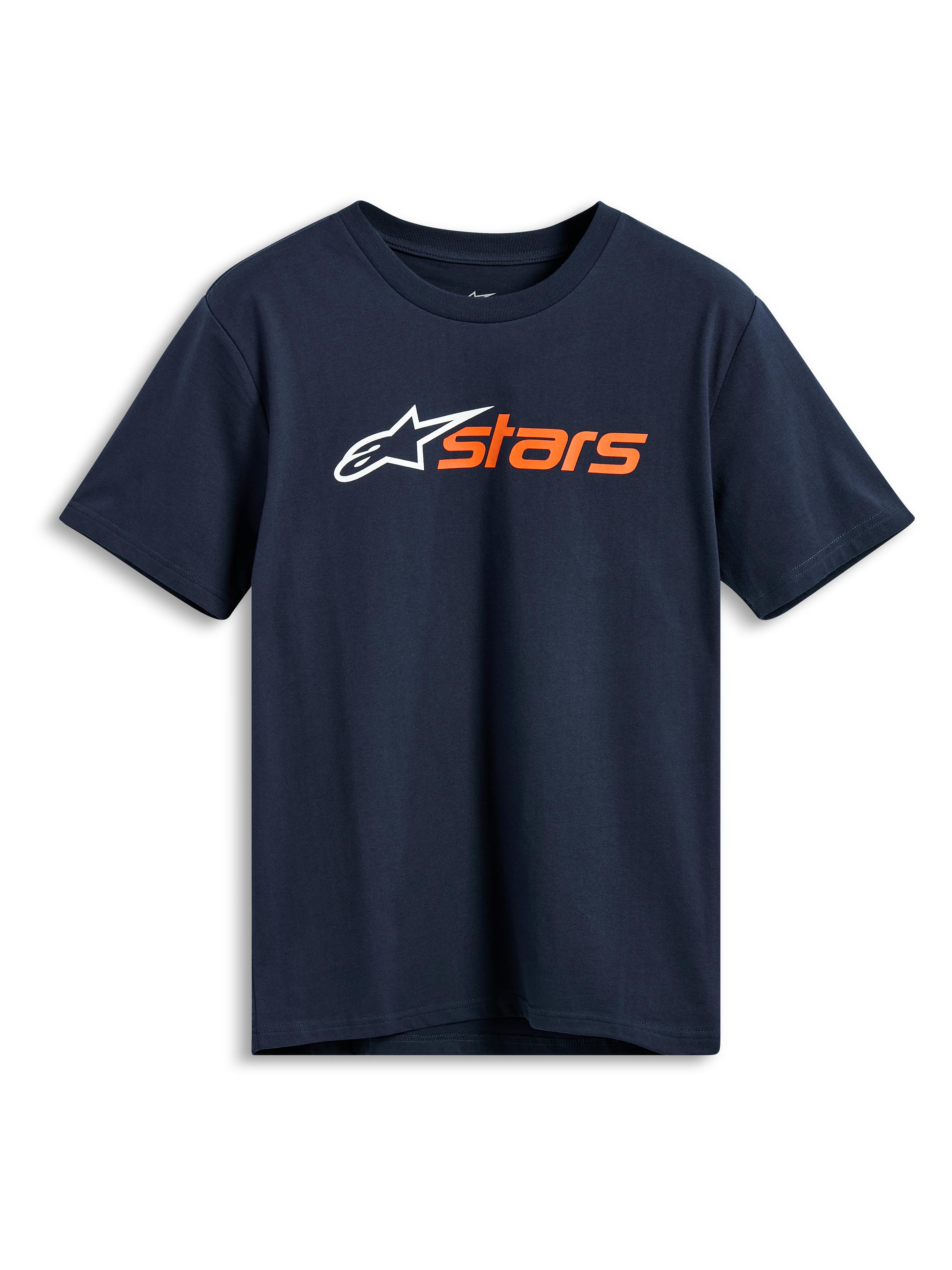 Alpinestars Blaze 2.0 CSF Tee, kurzärmeliges T-Shirt, Navyblau, weißes Alpinestars-Logo und orangefarbene „stars“-Grafik auf der Brust, lässige Motorsport-Sportbekleidung