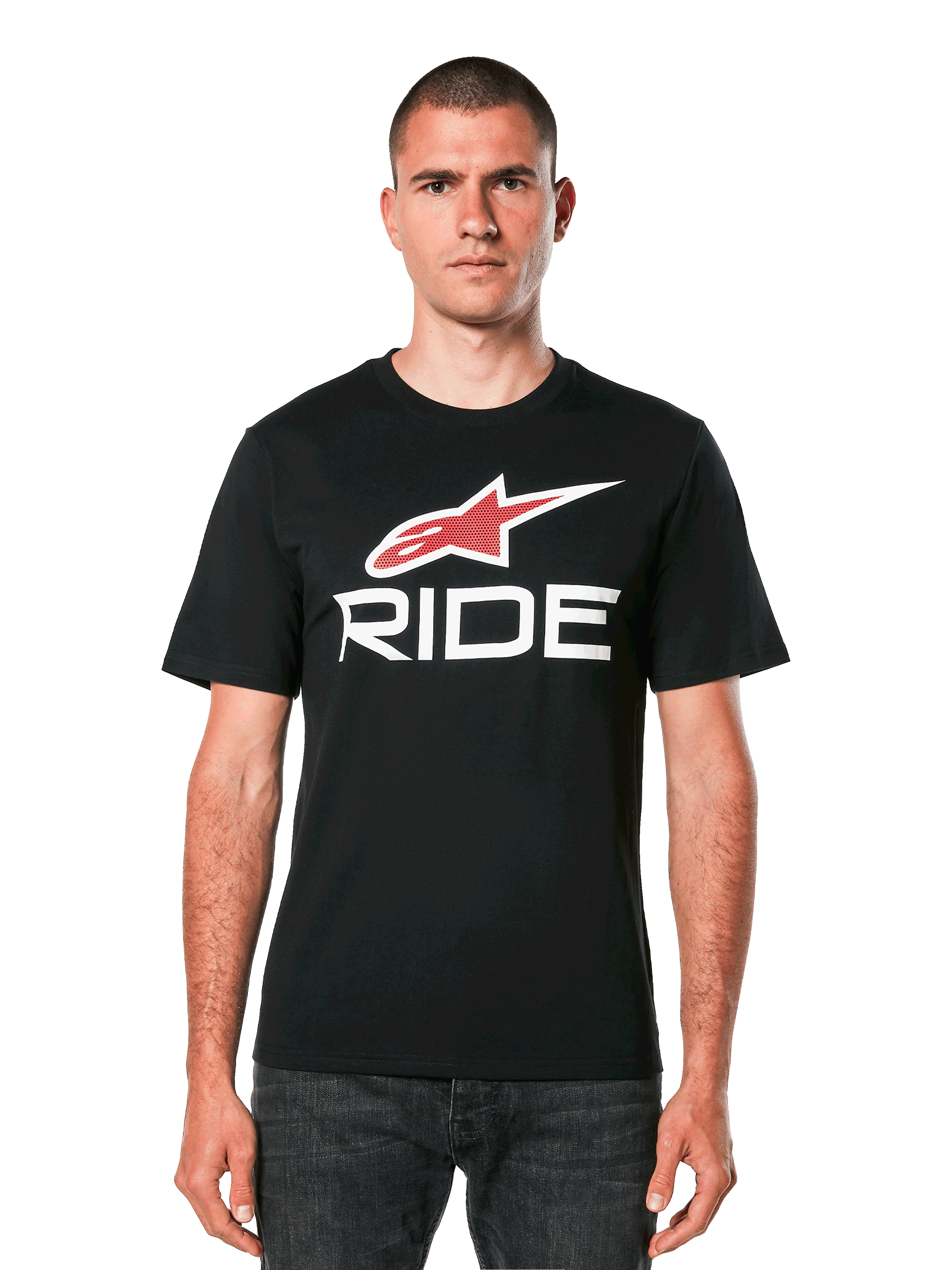 Alpinestars Ride 4.0 CSF Tee, schwarzes Kurzarm-T-Shirt mit rotem Stern-Logo und weißem RIDE-Schriftzug, lässige Motorsportbekleidung für Herren