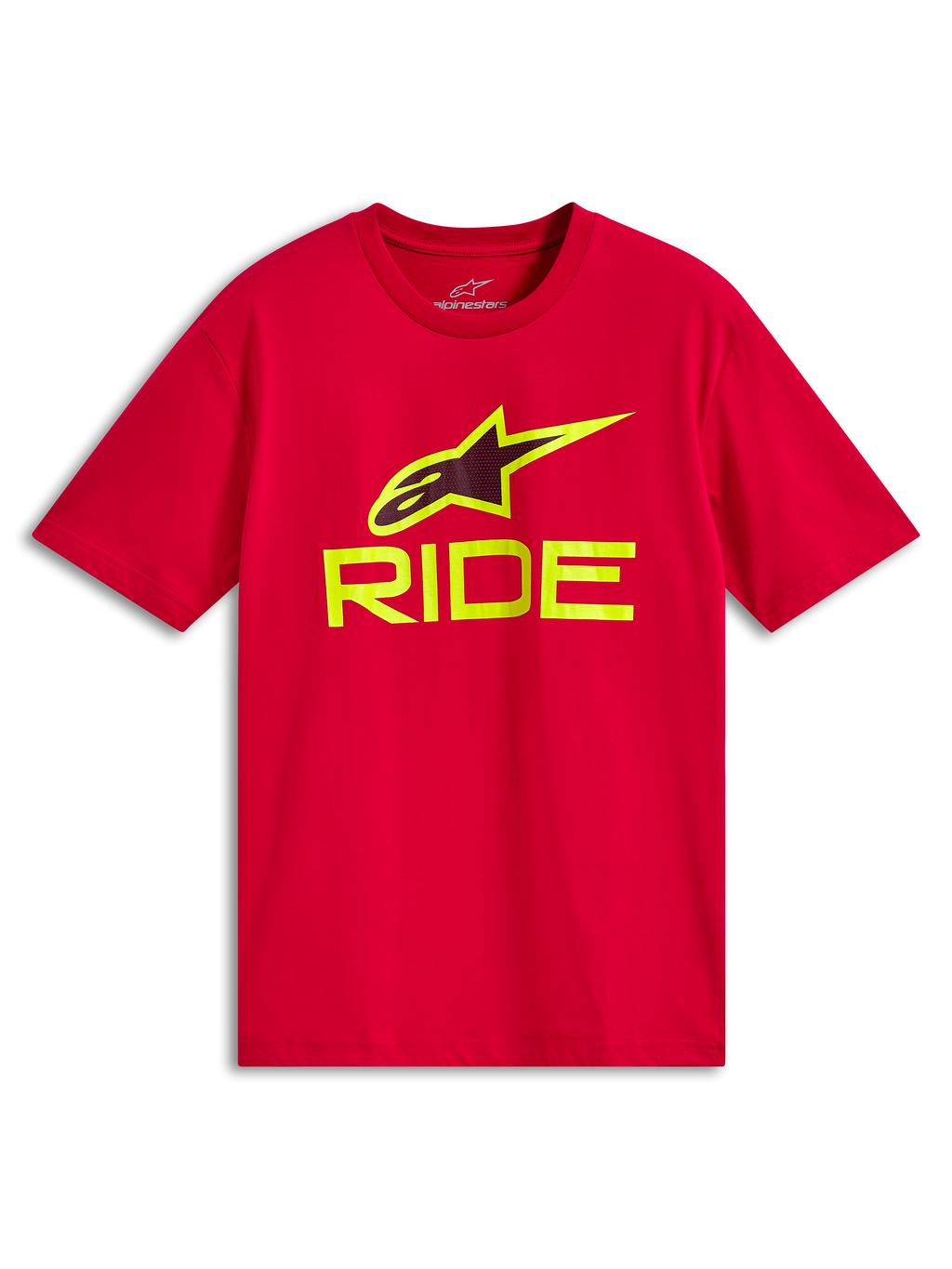 Alpinestars Ride 4.0 CSF Tee, Kurzarm-T-Shirt, Rot, neongelber RIDE-Schriftzug und A-star-Logo, Casual Motorsport-Sportbekleidung