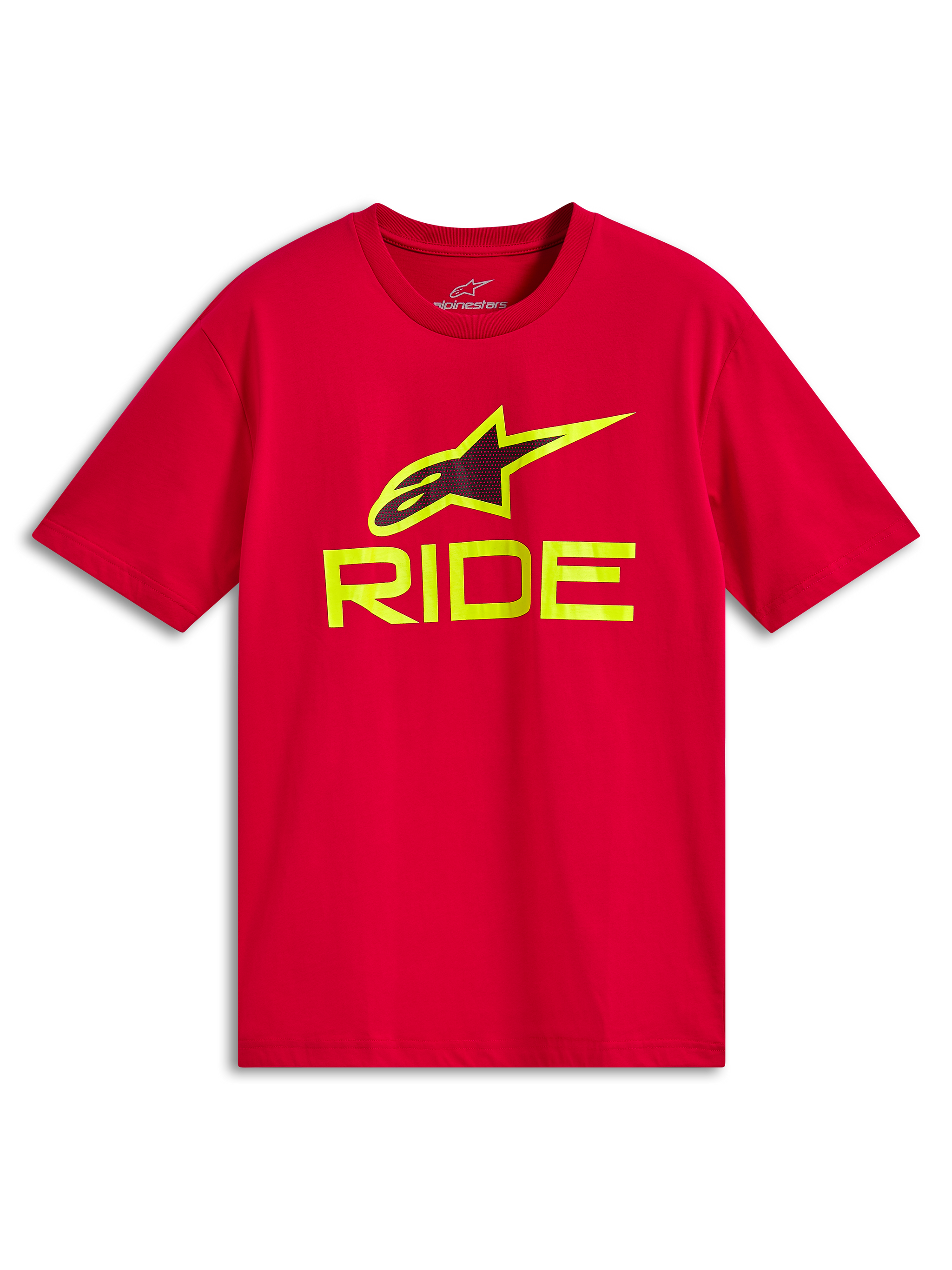 Alpinestars Ride 4.0 CSF Tee, Kurzarm-T-Shirt, Rot, neongelber RIDE-Schriftzug und A-star-Logo, Casual Motorsport-Sportbekleidung