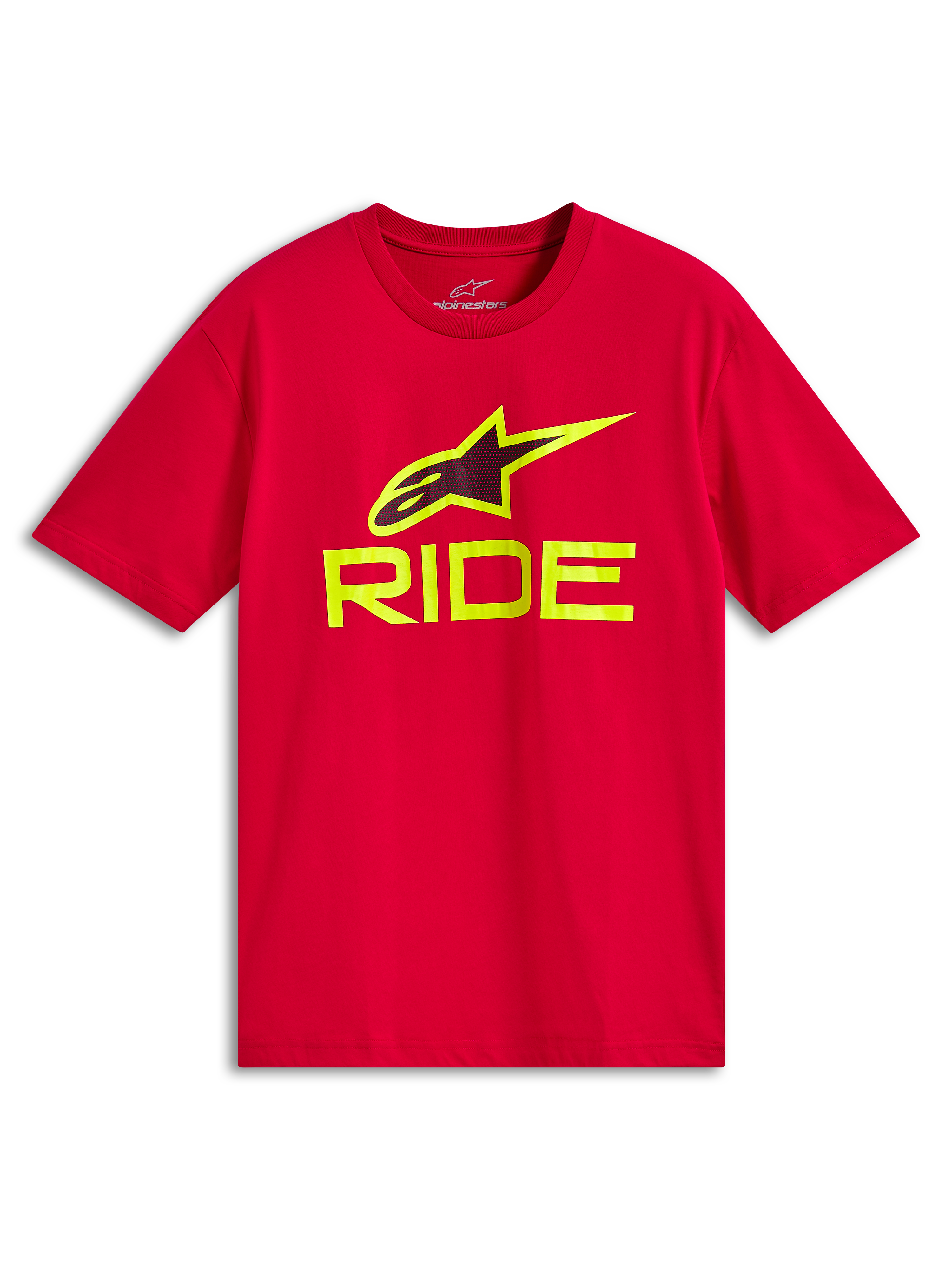 Alpinestars Ride 4.0 CSF Tee, Kurzarm-T-Shirt, Rot, neongelber RIDE-Schriftzug und A-star-Logo, Casual Motorsport-Sportbekleidung