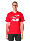Alpinestars Ride 4.0 CSF Tee, Red short-sleeve t-shirt, white Alpinestars star logo and "RIDE" graphic on chest, front view on model, casual motorsport apparel