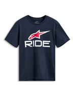 Alpinestars Ride 4.0 CSF Tee, Kurzarm-T-Shirt, Dunkelblau, rotes und weißes Astars-Logo mit weißer RIDE-Grafik, lässige Motorsport-Streetwear