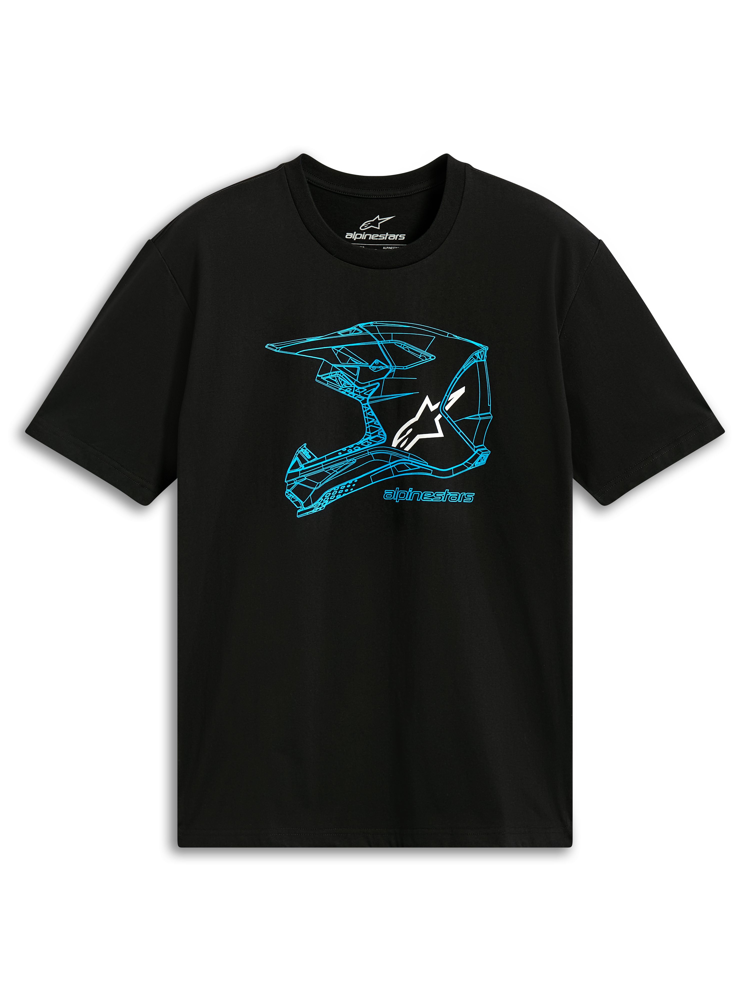 Alpinestars CSF Tee, Kurzarm-T-Shirt, Schwarz und Blau, Blaue MX-Helm-Umrissgrafik mit weißem Logo, Lässige Motorsport-Sportbekleidung