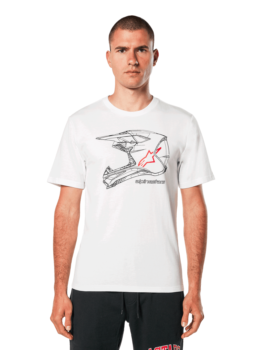 Alpinestars MX Helmet CSF Tee, White Short Sleeve T-Shirt, black wireframe motocross helmet graphic with red star logo, casual motorsport-inspired streetwear, worn by a model