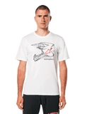 Alpinestars MX Helmet CSF Tee, White Short Sleeve T-Shirt, black wireframe motocross helmet graphic with red star logo, casual motorsport-inspired streetwear, worn by a model
