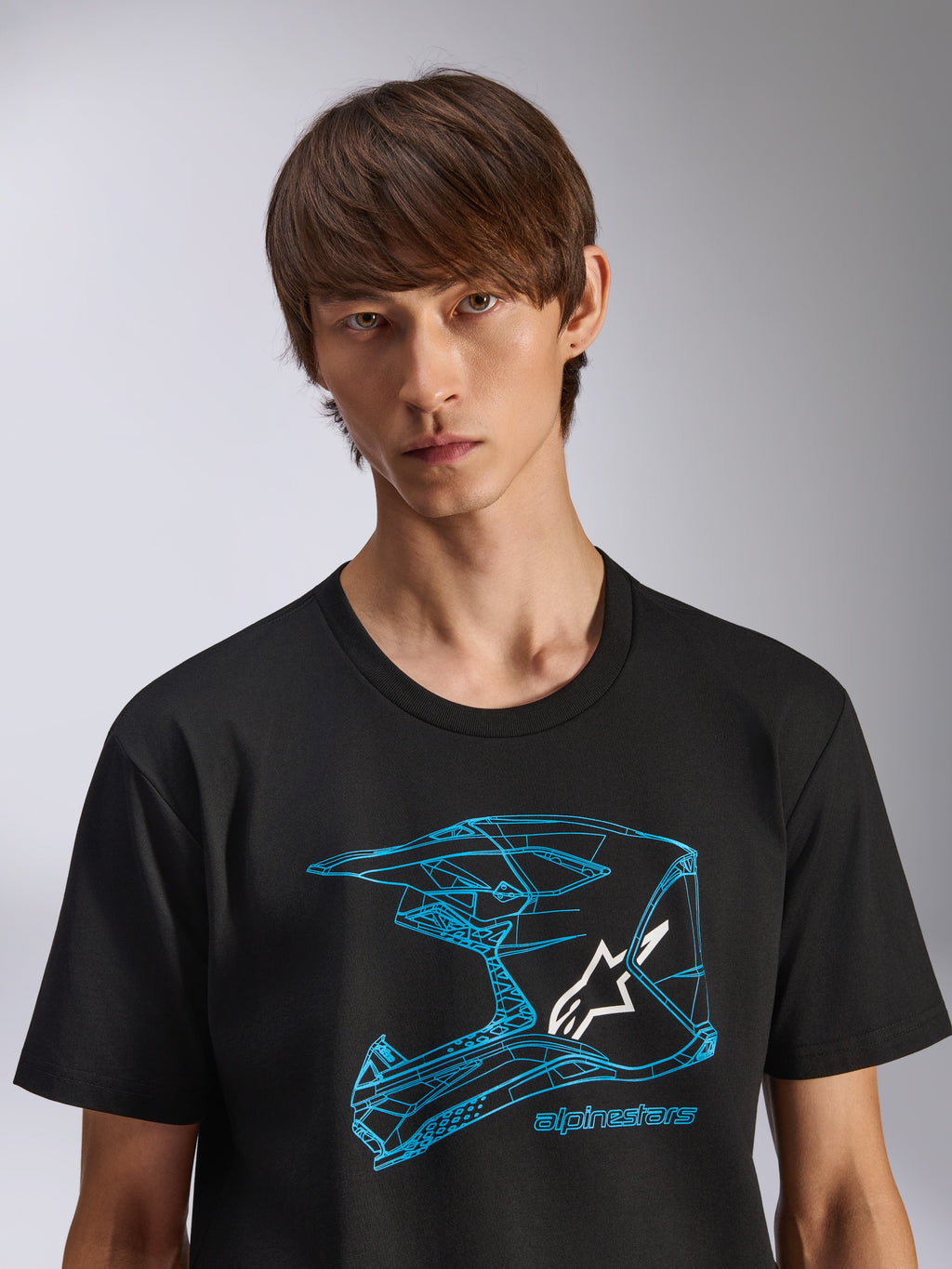Alpinestars CSF Tee, Kurzarm-T-Shirt, Schwarz, blaue MX-Helm-Grafik mit weißem Logo, lässige Motorsport-Sportbekleidung