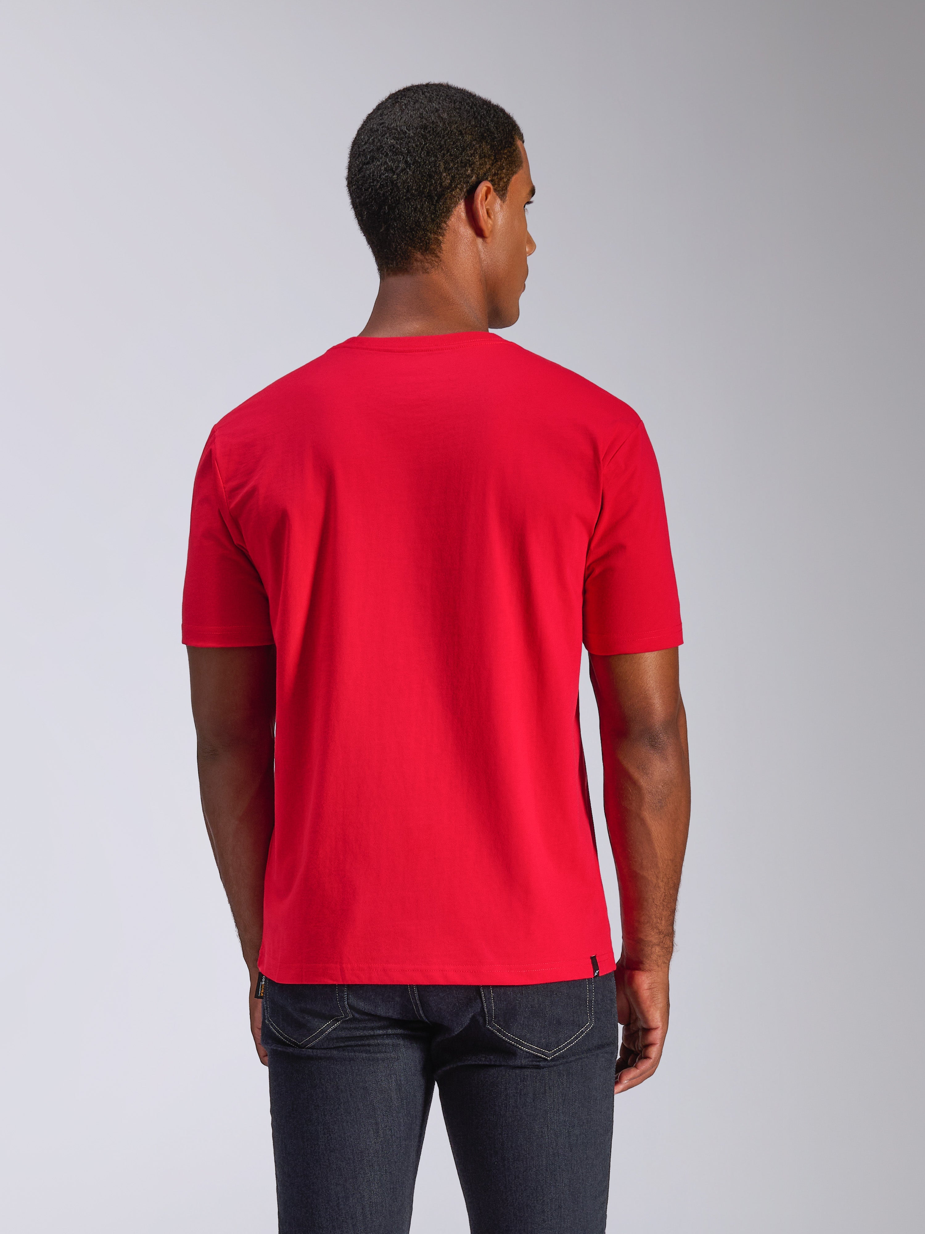 Alpinestars CSF Tee, Short Sleeve T-Shirt, Red, Rear view, worn with dark jeans, casual motorsport streetwear