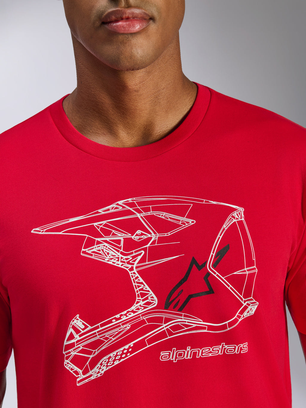 Alpinestars CSF Tee, Short Sleeve T-Shirt, Red, White line-art Motocross helmet graphic with black star logo, Casual Motorsport Streetwear