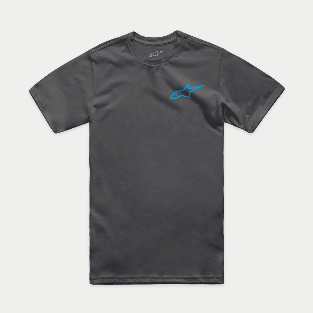 Alpinestars Horizon CSF Tee, kurzärmeliges T-Shirt, Anthrazitgrau mit blauem Alpinestars Ageless-Logo, lässige Motorsport-Sportbekleidung