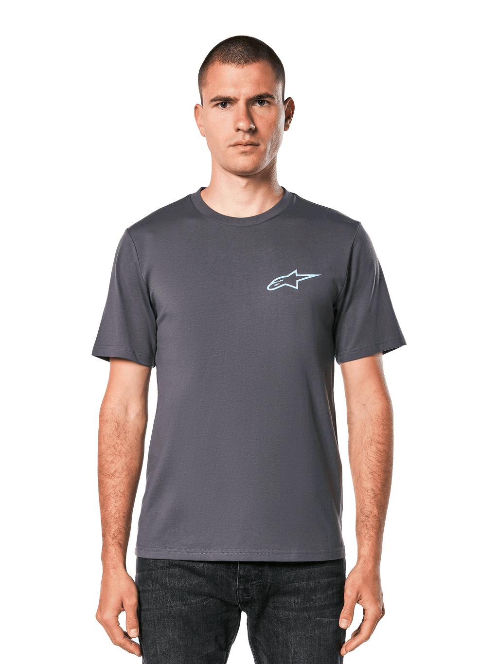 Alpinestars Horizon CSF Tee, Kurzarm-T-Shirt, Charcoal, Hellblaues Ageless-Logo auf der Brust, Lässige Motorsport-Streetwear