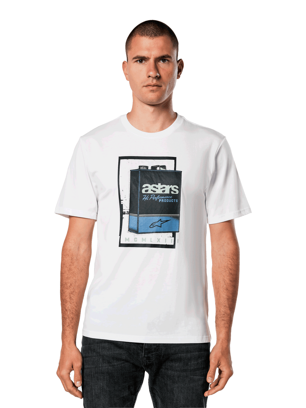 Alpinestars Galun CSF Tee, weißes Kurzarm-T-Shirt, blau-schwarze Vintage-Benzinkanister-Grafik mit Astars Logo und römischen Zahlen MCMLXIII, Casual Motorsport Streetwear
