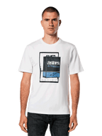 Alpinestars Galun CSF Tee, weißes Kurzarm-T-Shirt, blau-schwarze Vintage-Benzinkanister-Grafik mit Astars Logo und römischen Zahlen MCMLXIII, Casual Motorsport Streetwear