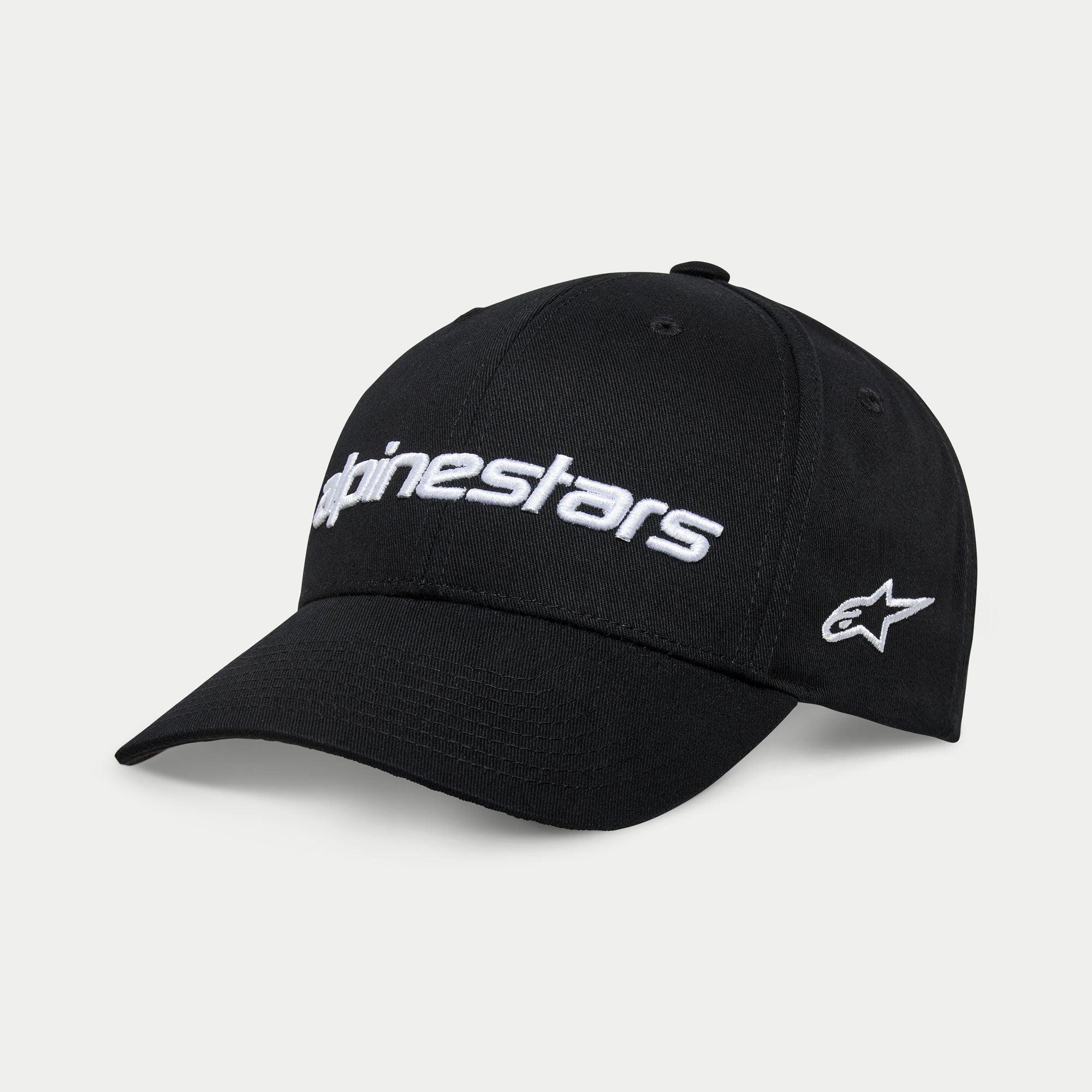 Alpinestars Linear Wordmark 2.0 Hat, Black and White, featuring a curved bill and structured crown, front 3D embroidered wordmark and side star logo, casual motorsport-inspired headwear