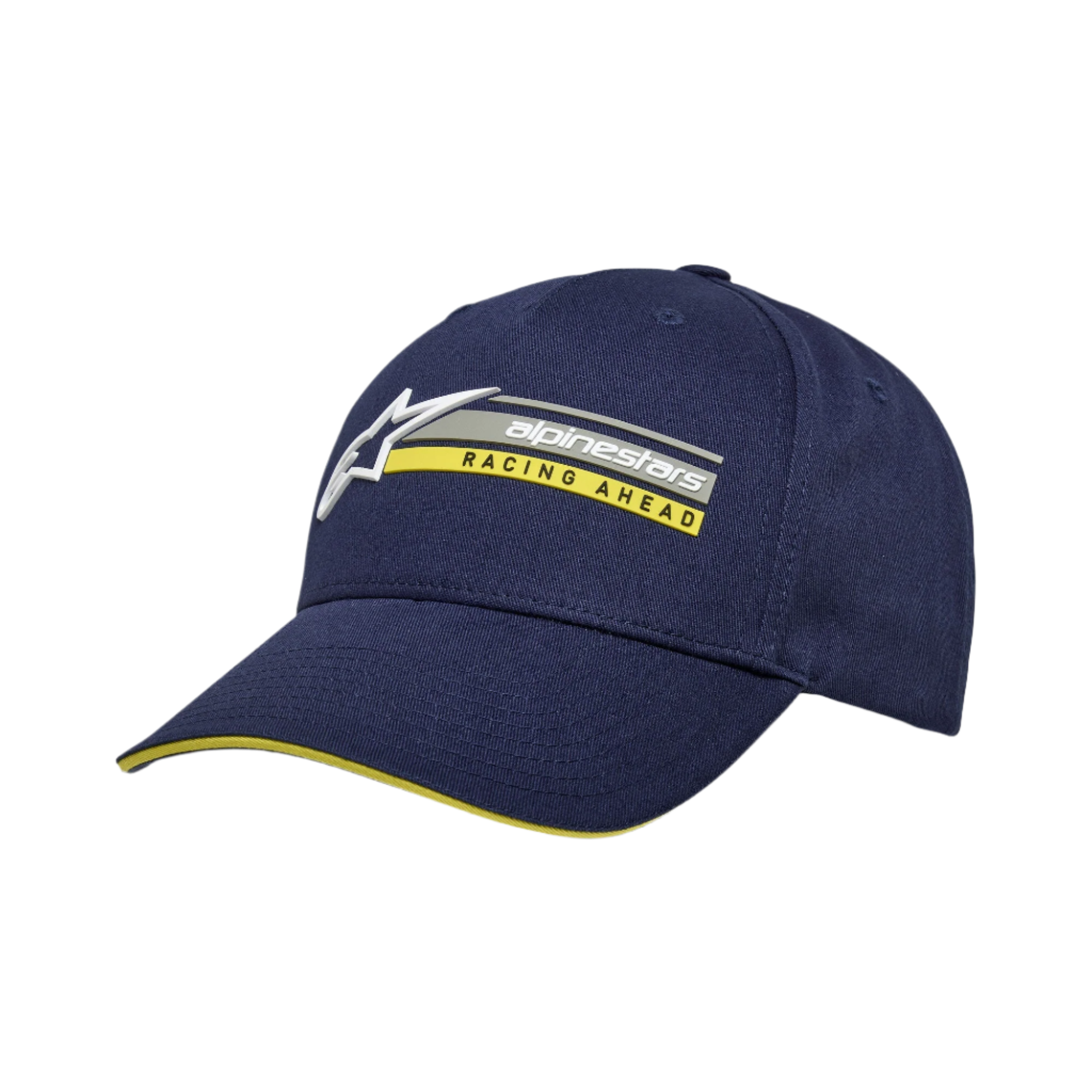 Alpinestars Par Hat, Navy Blue Snapback Cap, 3D logo embroidery with yellow 'RACING AHEAD' text, curved bill with yellow sandwich detail, structured cotton twill, casual motorsport headwear