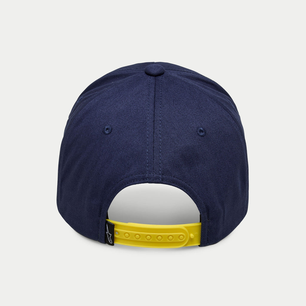Alpinestars Par Hat, Navy snapback cap, rear view featuring a bright yellow adjustable strap and small black logo tag, structured crown in navy cotton twill, casual sportswear headwear