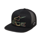 Alpinestars Ride 4.0 Camo Trucker Hat, Black, featuring a camouflage Alpinestars logo and RIDE text on the front, flat bill, structured crown, black mesh back for breathability, casual motorsport-inspired design