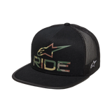 Alpinestars Ride 4.0 Camo Trucker Hat, Black, featuring a camouflage Alpinestars logo and RIDE text on the front, flat bill, structured crown, black mesh back for breathability, casual motorsport-inspired design