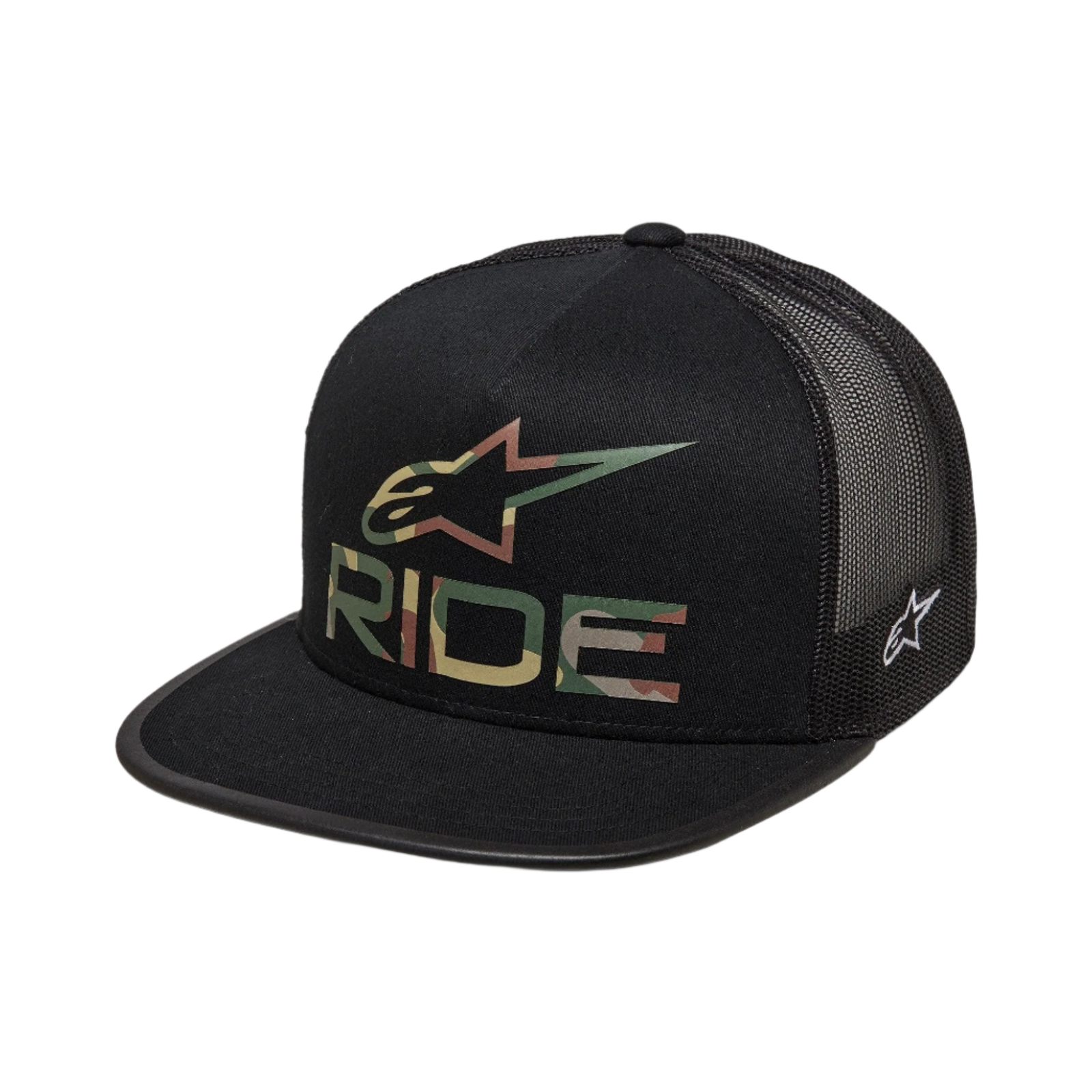 Alpinestars Ride 4.0 Camo Trucker Hat, Black, featuring a camouflage Alpinestars logo and RIDE text on the front, flat bill, structured crown, black mesh back for breathability, casual motorsport-inspired design