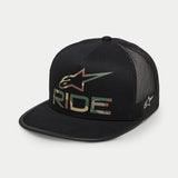 Alpinestars Ride 4.0 Camo Trucker Hat, Black, Trucker Style Cap, features camo print RIDE logo and star on front, black mesh back, flat bill, white side embroidery, casual motorsport-inspired headwear