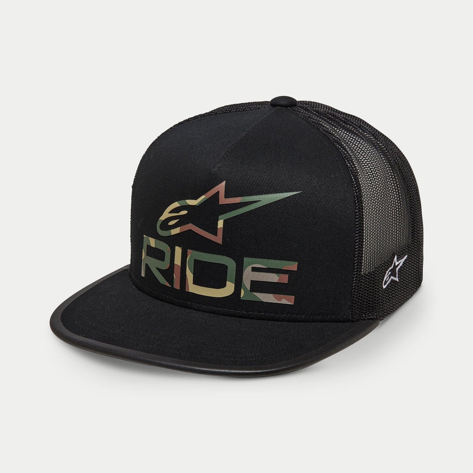 Alpinestars Ride 4.0 Camo Trucker Hat, Black, Trucker Style Cap, features camo print RIDE logo and star on front, black mesh back, flat bill, white side embroidery, casual motorsport-inspired headwear