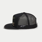 Alpinestars Ride 4.0 Camo Trucker Hat, Black, side profile view, featuring twill front and poly mesh back, white embroidered logo on the side, flat bill with camo print edge, casual motorsport-inspired headwear