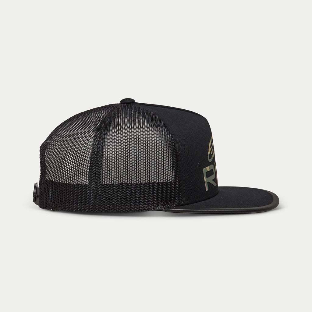 Alpinestars Ride 4.0 Camo Trucker Hat, Black, side profile view featuring breathable mesh back and flat bill, twill front with camo logo print, adjustable snapback design, casual motorsport headwear
