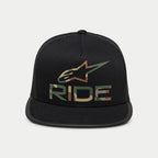 Alpinestars Ride 4.0 Camo Trucker Hat, Black trucker-style snapback hat, featuring camo-patterned logo and 'RIDE' text on a structured crown, flat bill, breathable black mesh back, casual motorsport-inspired design