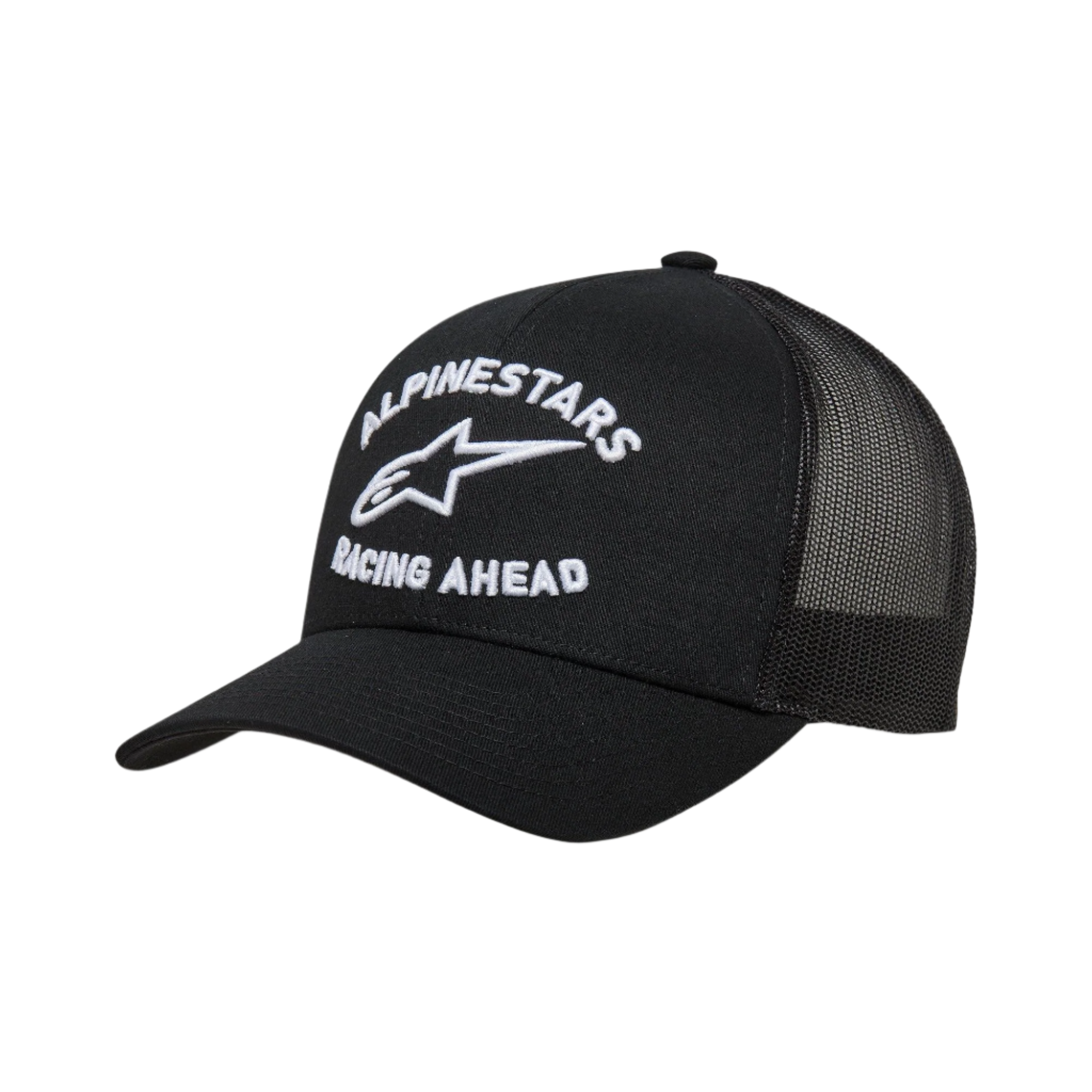 Alpinestars Triple Trucker Hat, schwarze Trucker-Cap mit gebogenem Schirm und Mesh-Rückseite, weiße 3D-Stickerei mit „Alpinestars Racing Ahead“ und Logo, lässige, vom Motorsport inspirierte Kopfbedeckung
