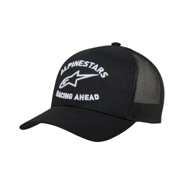 Alpinestars Triple Trucker Hat, Black trucker cap with curved bill and mesh back, white 3D lock-up embroidery featuring 'Alpinestars Racing Ahead' and logo, casual motorsport-inspired headwear
