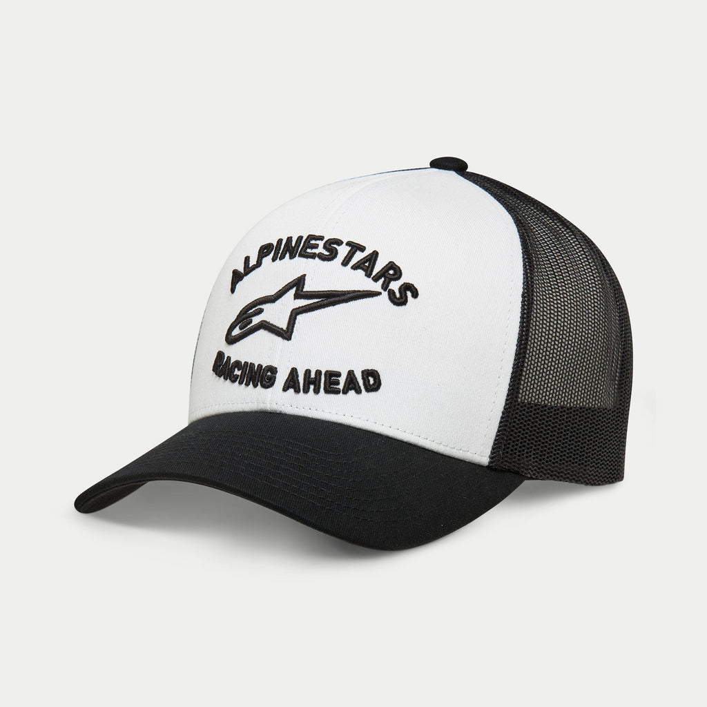 Alpinestars Triple Trucker Hat, lässige Trucker-Kappe, Weiß und Schwarz, schwarze 3D-Stickerei mit Stern-Logo und „Racing Ahead“-Schriftzug, gebogener Schirm mit Mesh-Rückseite, Sportswear, Streetwear