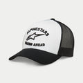 Alpinestars Triple Trucker Hat, lässige Trucker-Kappe, Weiß und Schwarz, schwarze 3D-Stickerei mit Stern-Logo und „Racing Ahead“-Schriftzug, gebogener Schirm mit Mesh-Rückseite, Sportswear, Streetwear