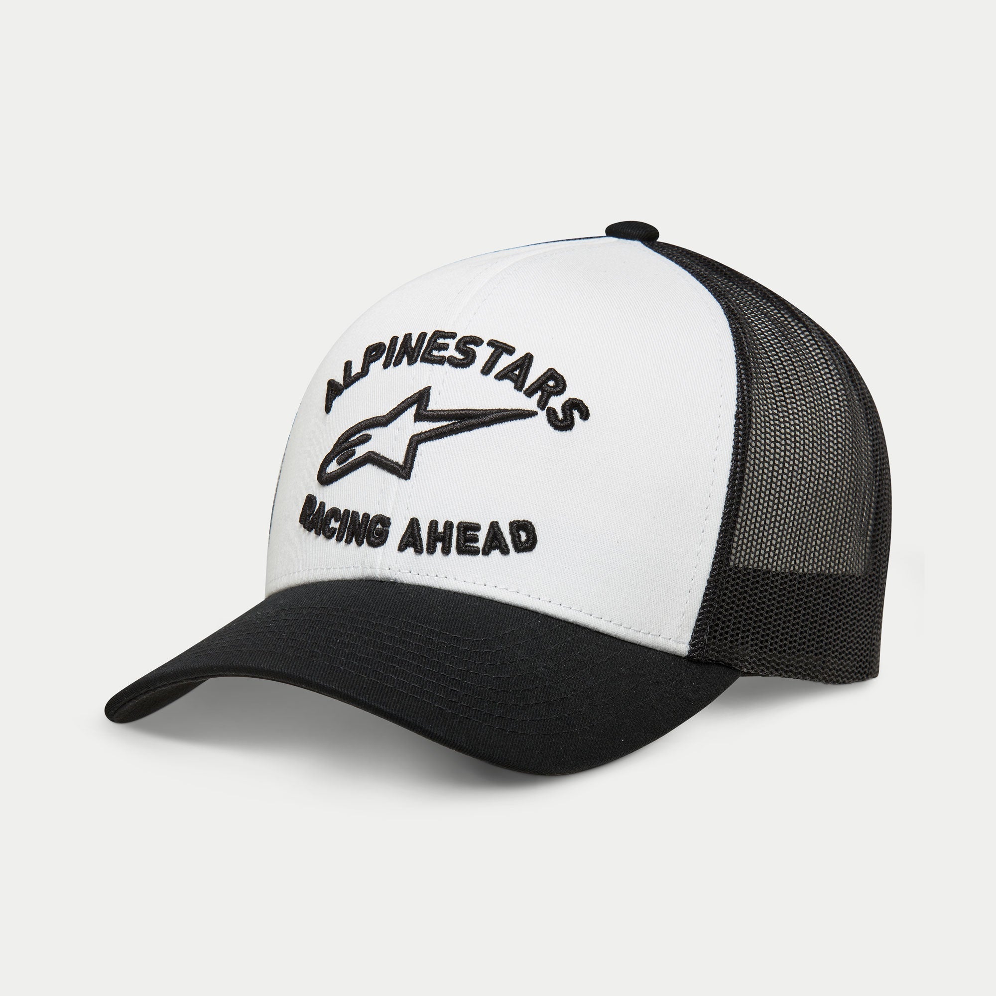 Alpinestars Triple Trucker Hat, lässige Trucker-Kappe, Weiß und Schwarz, schwarze 3D-Stickerei mit Stern-Logo und „Racing Ahead“-Schriftzug, gebogener Schirm mit Mesh-Rückseite, Sportswear, Streetwear