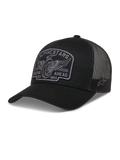 Alpinestars Heritage Patch Trucker Hat, black and gray sportswear cap with mesh back and embroidered racing patch.