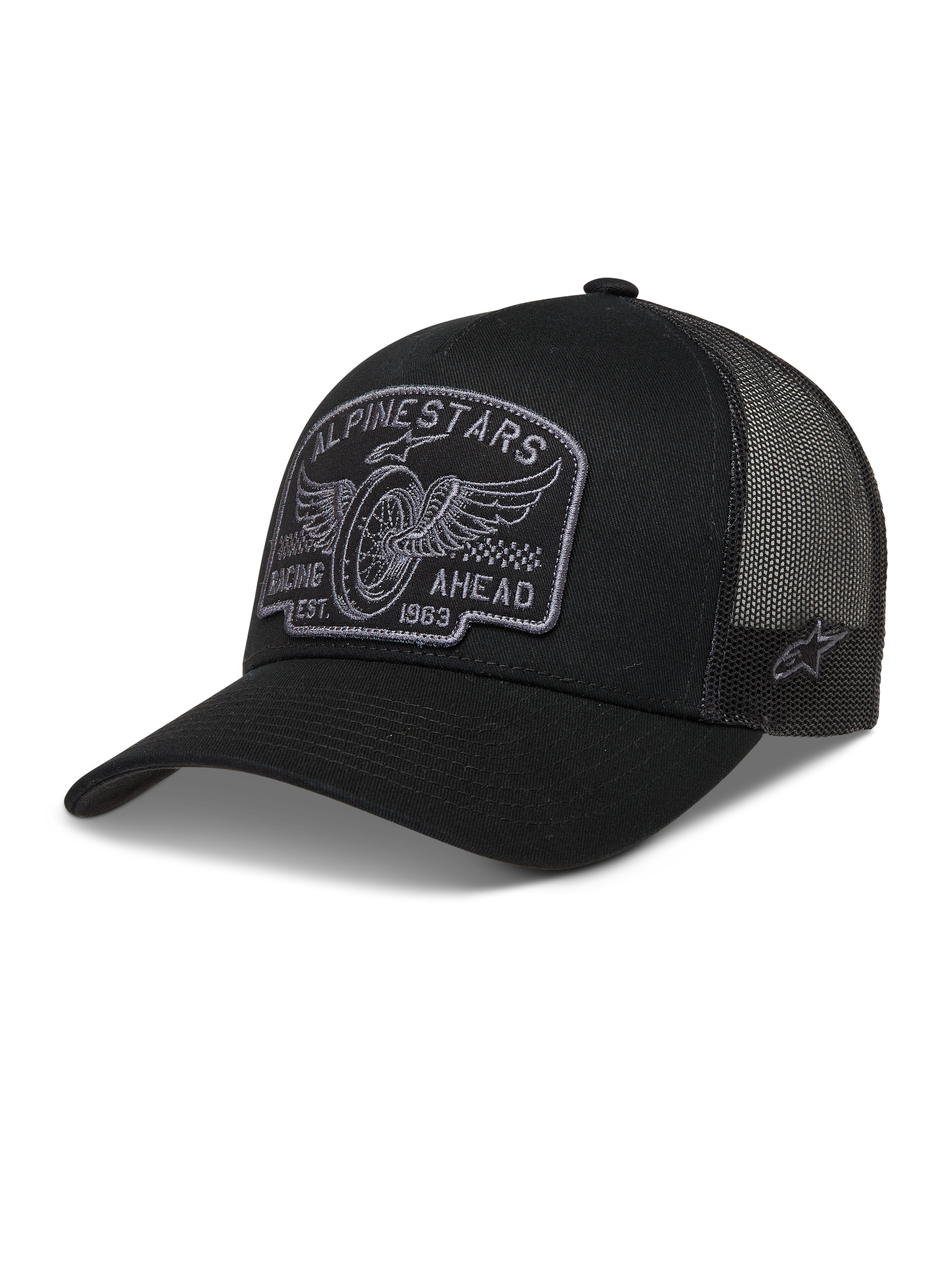 Alpinestars Heritage Patch Trucker Hat, black and gray sportswear cap with mesh back and embroidered racing patch.