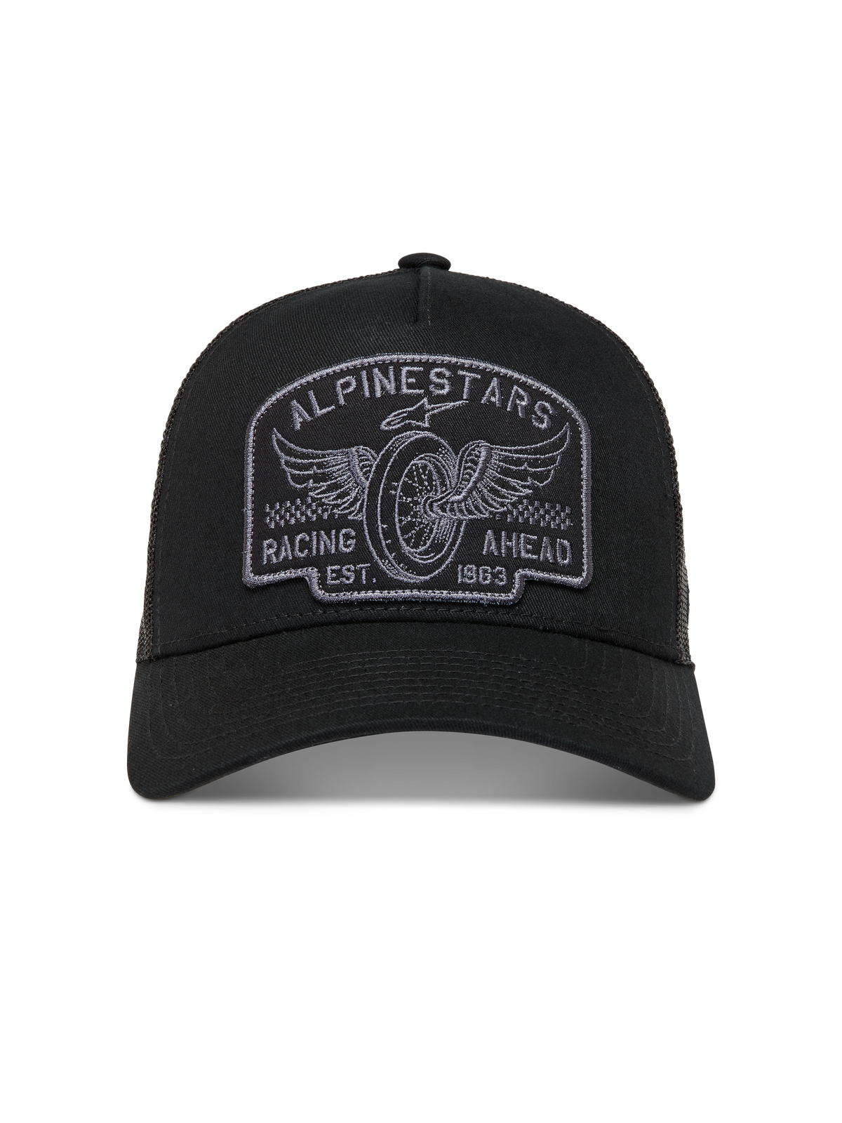 Alpinestars Heritage Patch Trucker-Mütze in Schwarz und Grau mit gebogenem Schirm, Mesh-Rückseite und besticktem Racing-Logo.