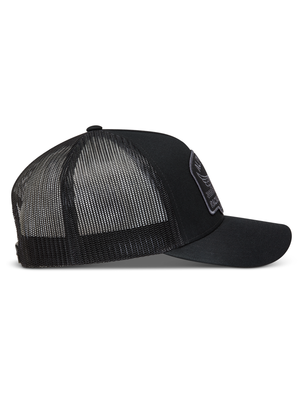 Alpinestars Heritage Patch Trucker Hat, side view of a Black and Gray sportswear cap with curved bill and mesh backing.