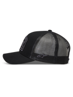 Alpinestars Heritage Patch Trucker Hat in black and gray, featuring a curved bill and breathable mesh back.