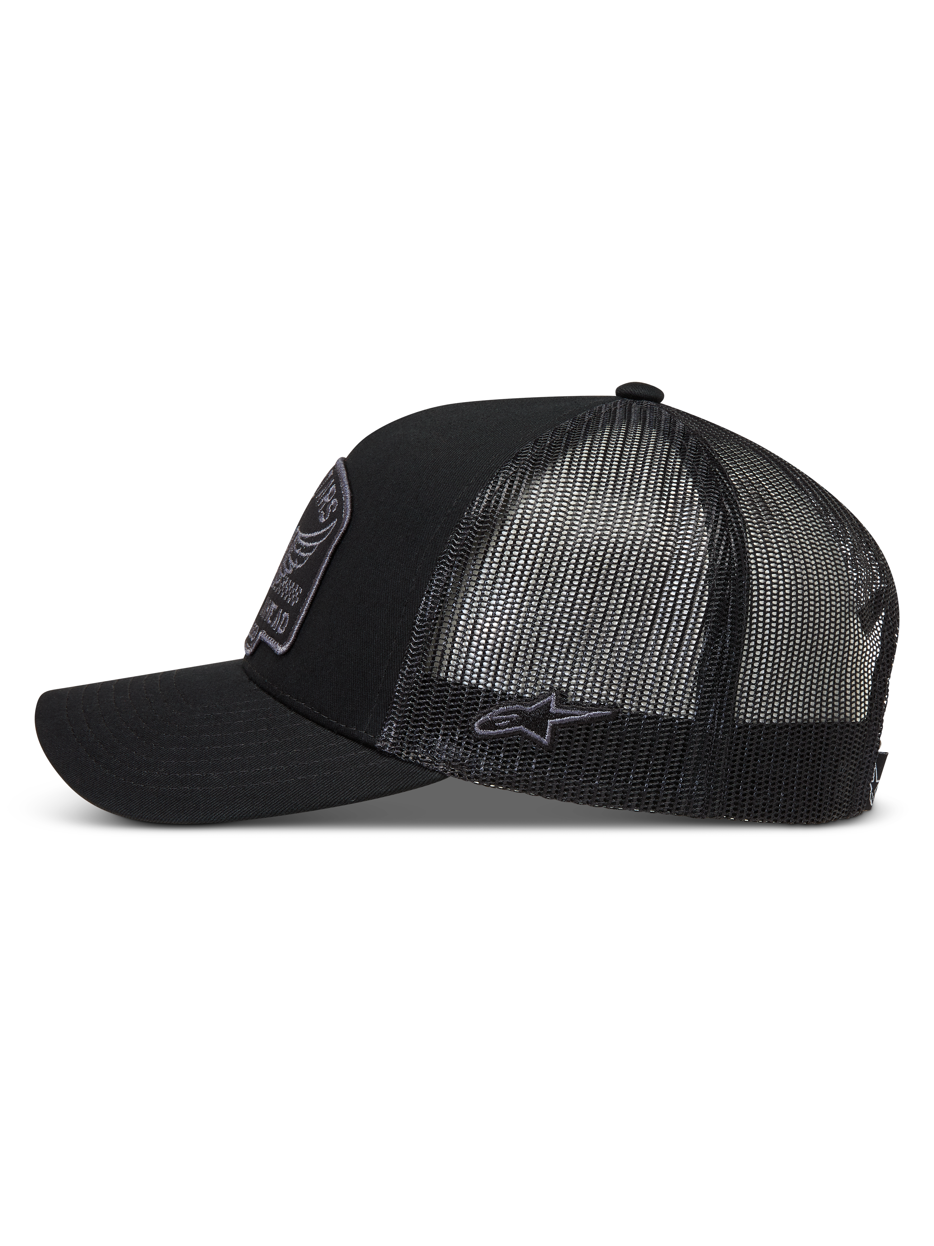 Alpinestars Heritage Patch Trucker Hat in black and gray, featuring a curved bill and breathable mesh back.