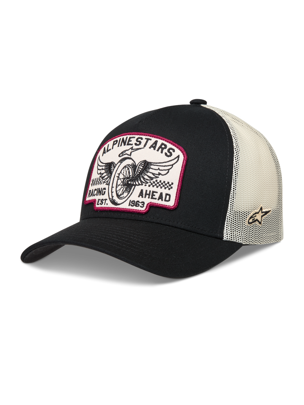 Alpinestars Heritage Patch Trucker-Mütze, Schwarz und Natural, Vintage-Rennsport-Logo-Patch, Poly-Mesh-Gewebe.